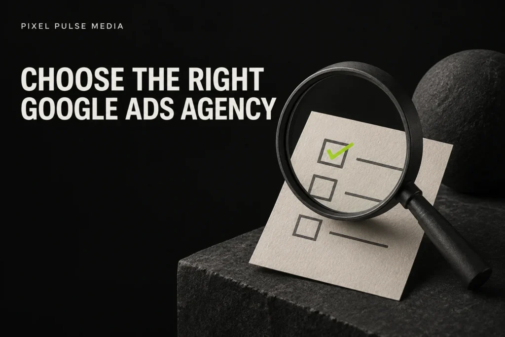 Magnifying glass over a checklist for choosing a Google Ads agency.