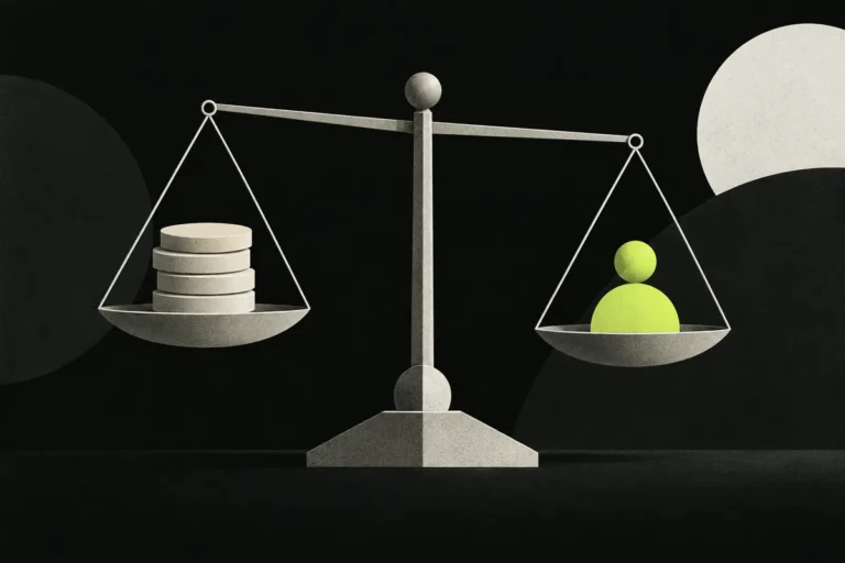 A balance scale weighs budget tokens against a customer symbol, illustrating advertising acquisition costs.