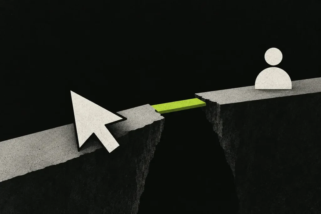 A cursor crosses a green bridge toward a contact symbol, illustrating the path from an ad click to an enquiry.