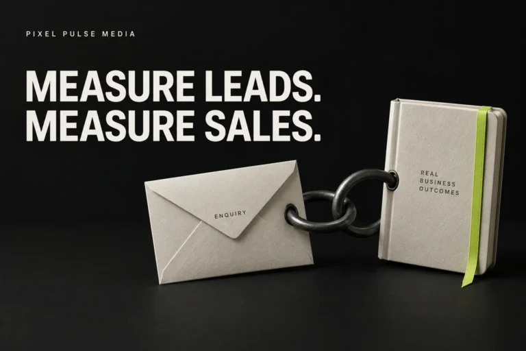 An enquiry envelope linked to a ledger representing marketing leads and business outcomes.