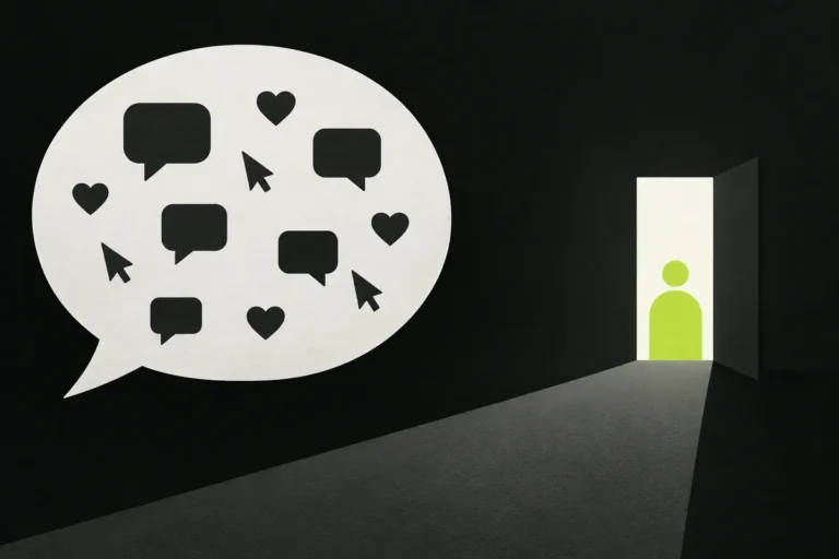 A speech bubble filled with interactions contrasts with a single contact at a doorway, representing attention and useful enquiries.