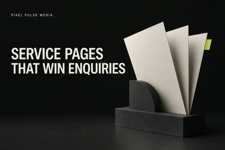 Three editorial pages representing clear service information that helps customers enquire.