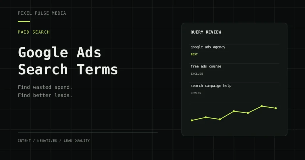 Illustration of Google Ads search-term intent, negative keyword decisions and lead-quality review.