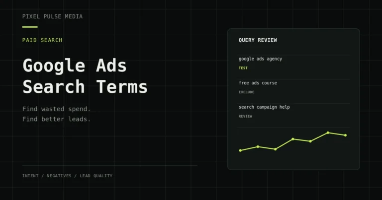 Illustration of Google Ads search-term intent, negative keyword decisions and lead-quality review.
